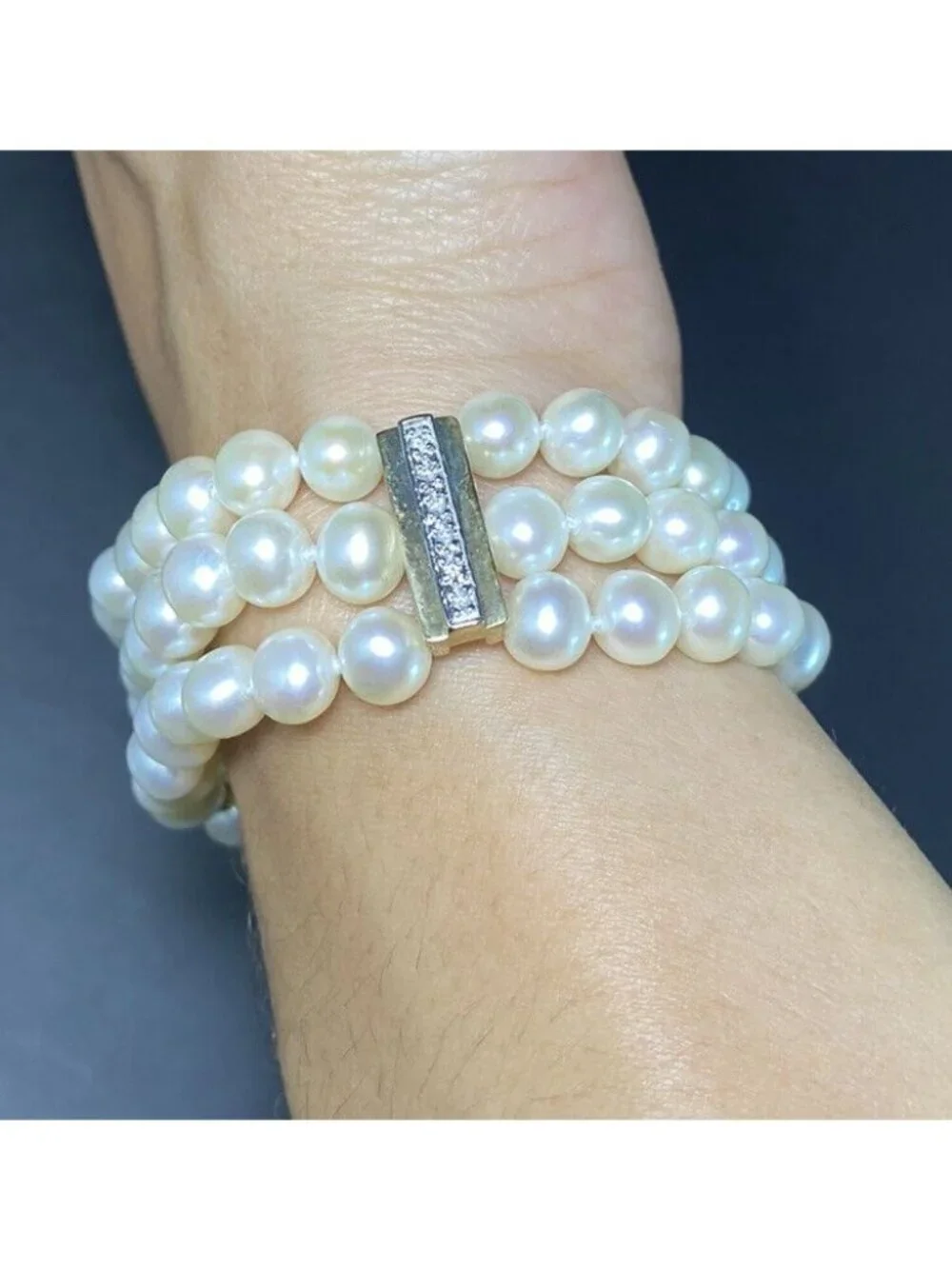 14k Gold Pearl And Diamond Spacer Bracelet 3 Rows Knotted 7.5 inches 18 Diamonds